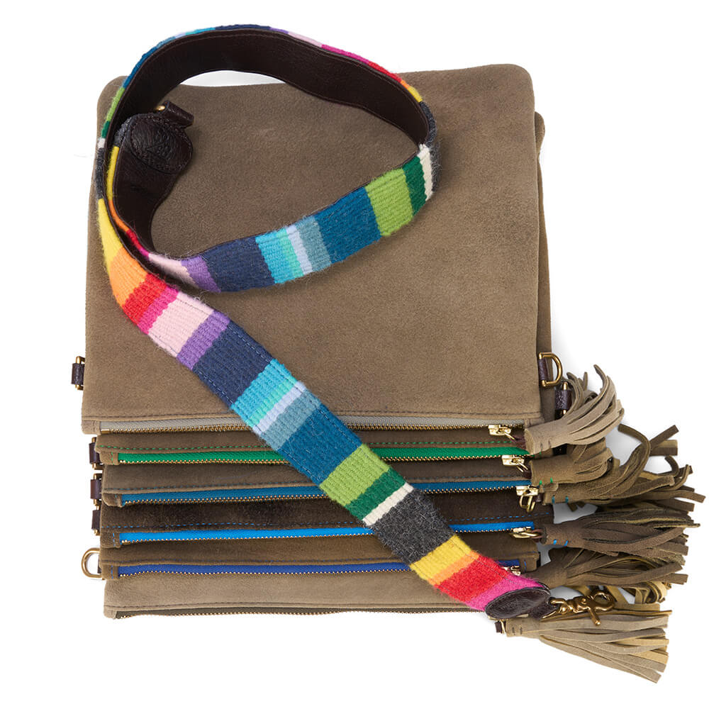 "Alma" Hirschleder Clutch im SET mit handgewebtem, bunten Gurtband